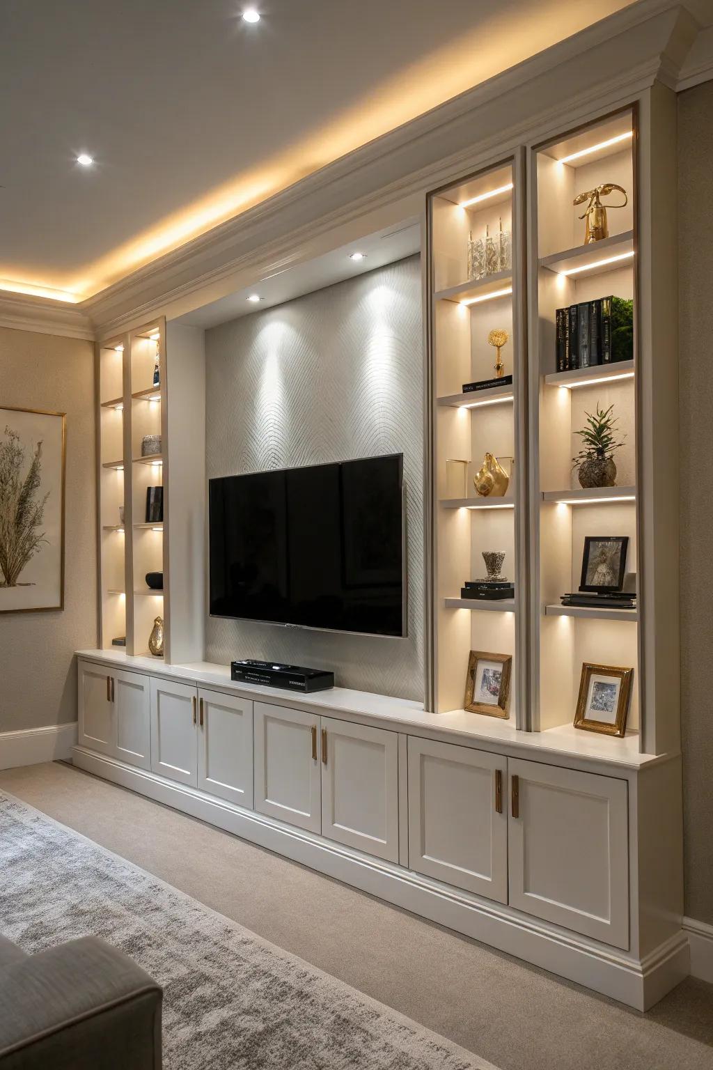 Built-in spaces offer a streamlined and functional TV wall design.