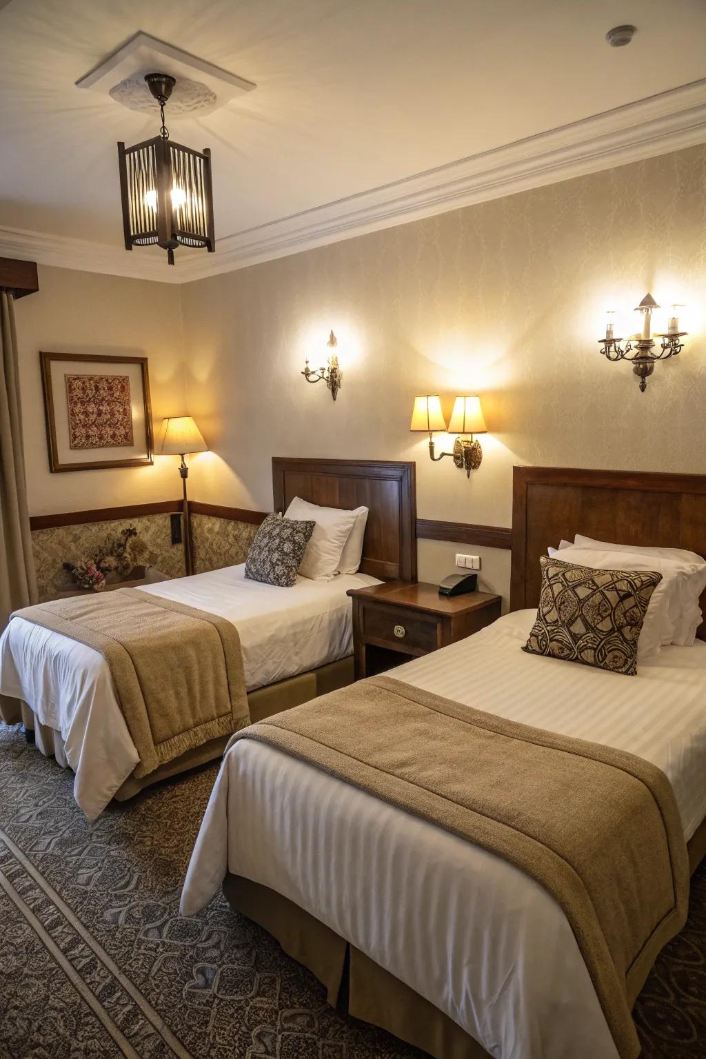 Using different kinds of lights makes twin bed rooms feel better and more practical.