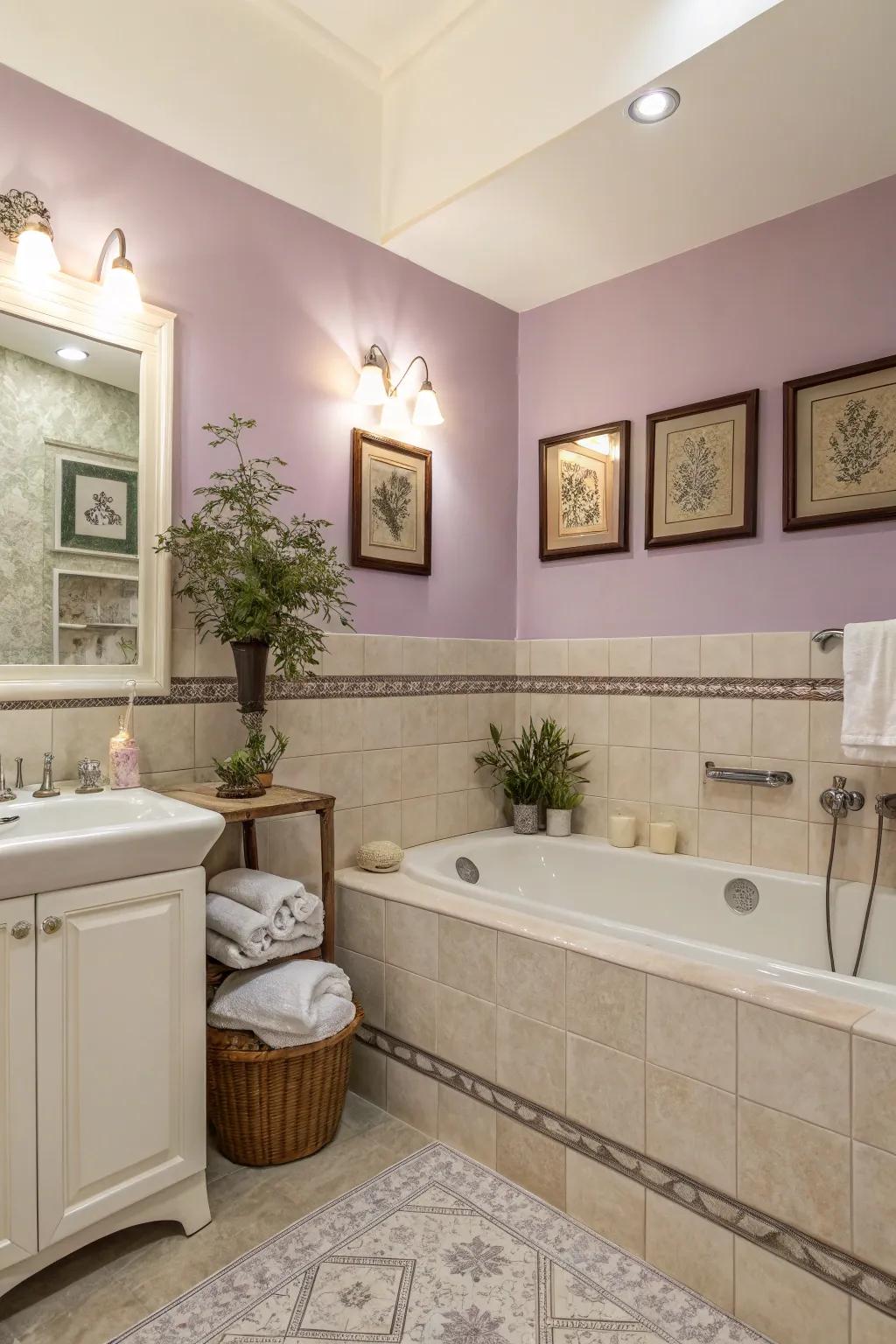 A subtle lavender and cream two-tone wall design that crafts a tranquil retreat.