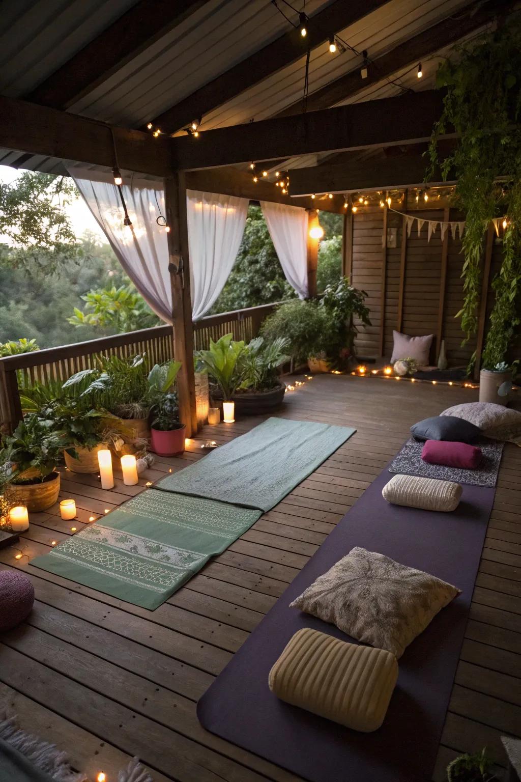 A peaceful yoga and meditation vicinity beneath the deck, conceived for relaxation.