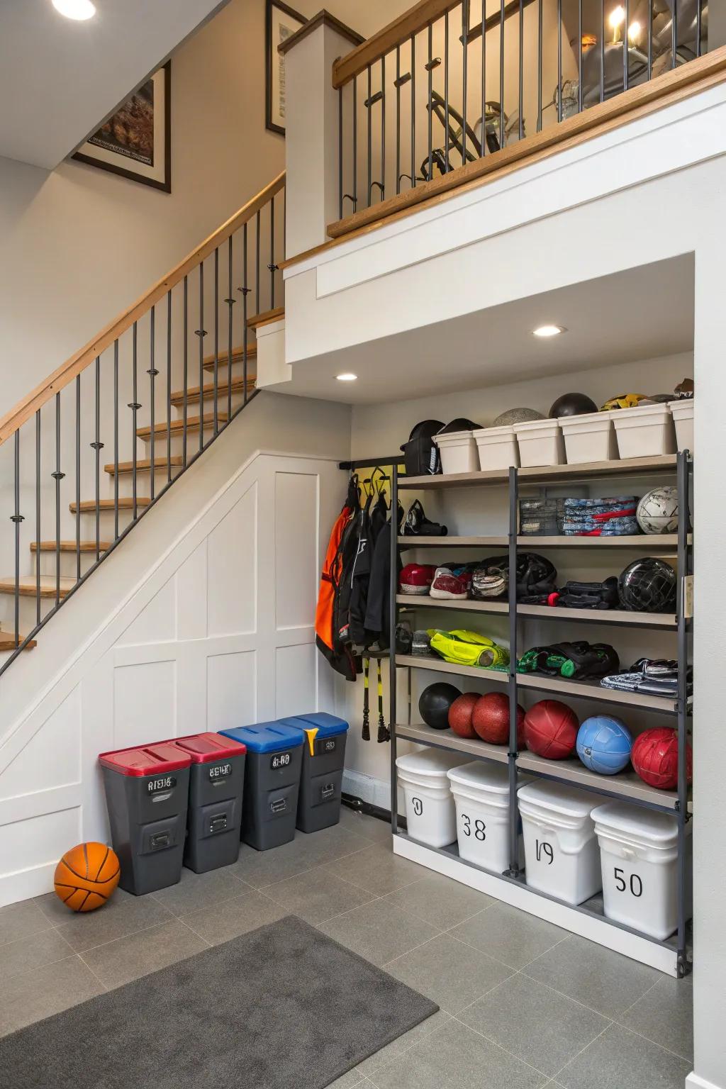 A sports equipment storage spot for active families.