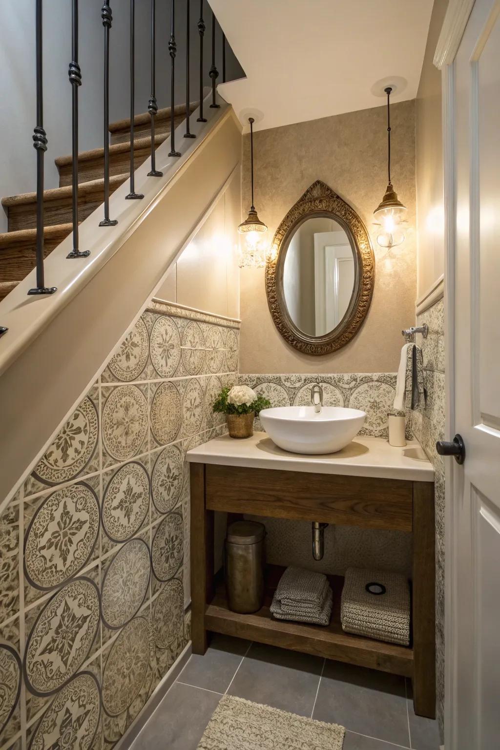 A small restroom elegantly fitted beneath the staircase.