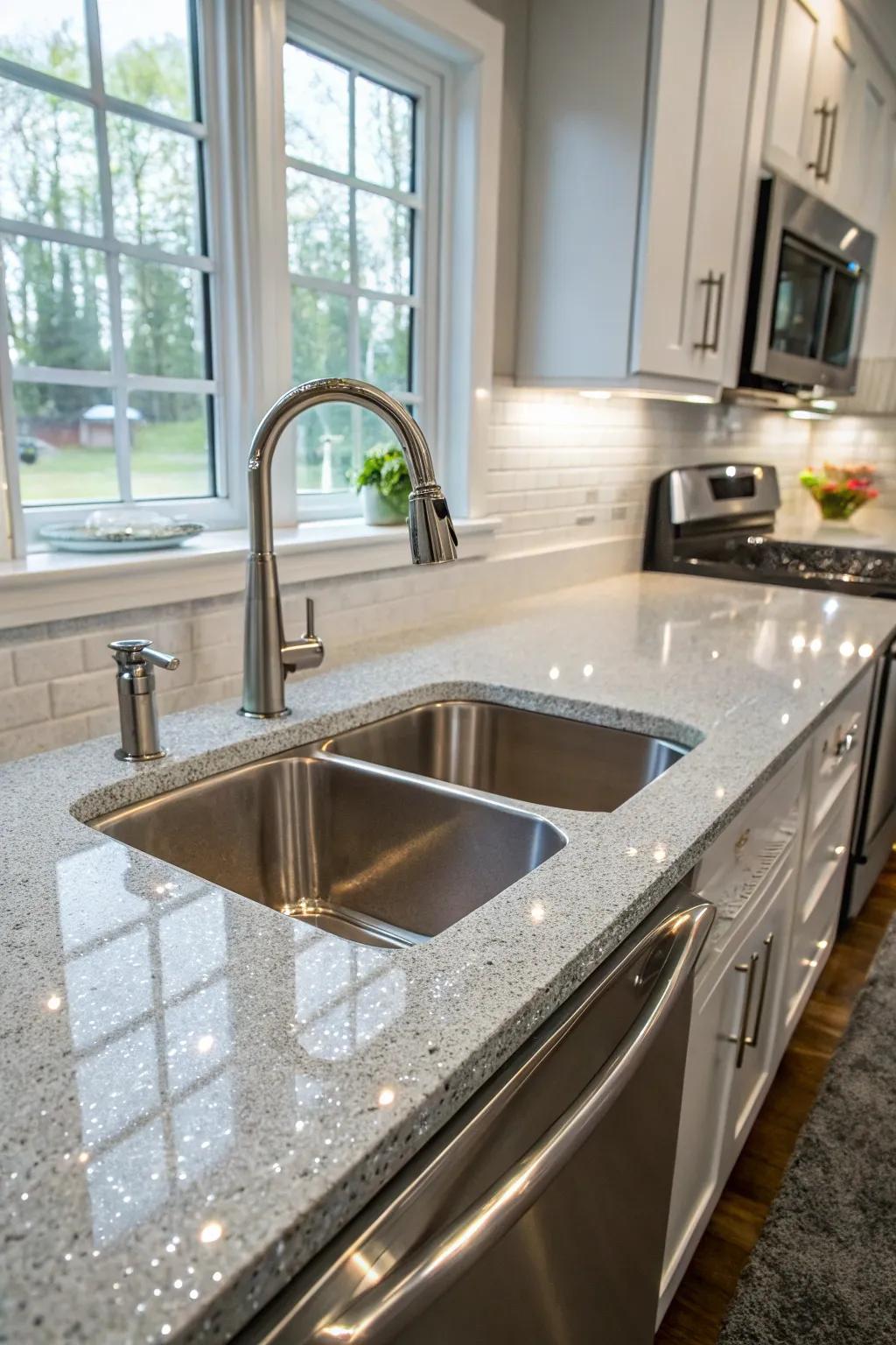 Easy-to-clean perimeters of an undermount sink within a sparkling kitchen.