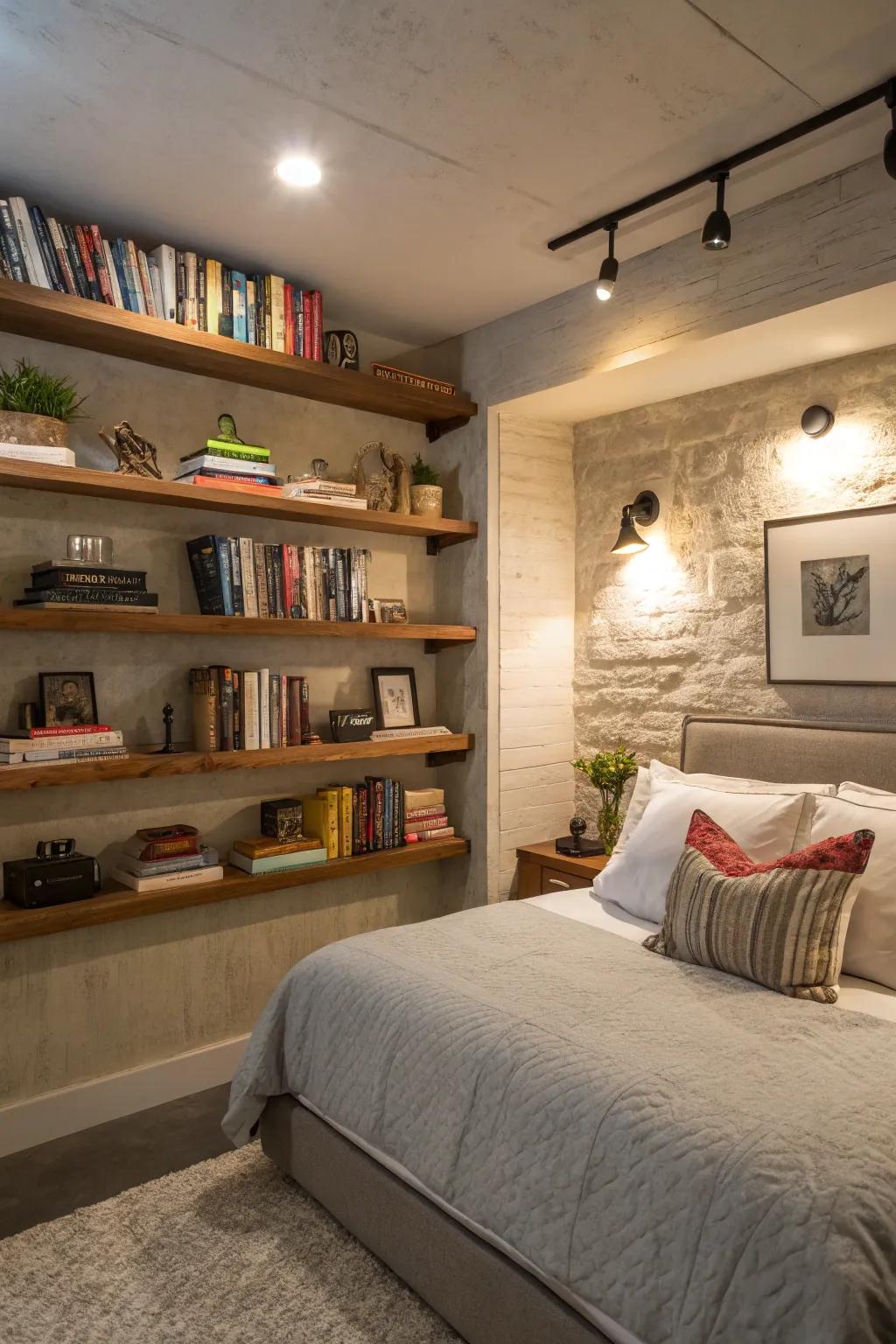 Shelves can inject both beauty and use to your basement bedroom.