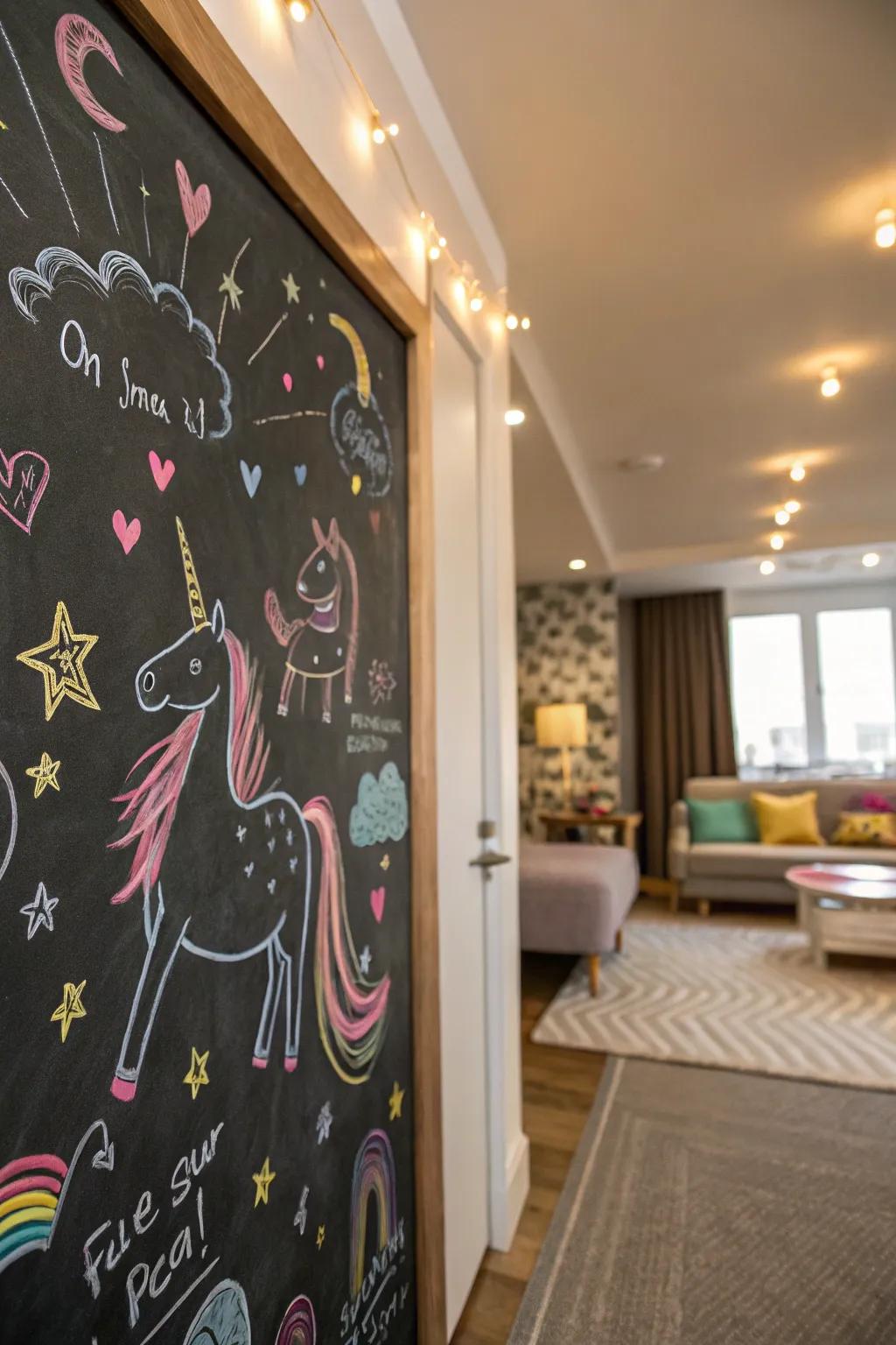 An interactive chalkboard wall for creative unicorn doodles.