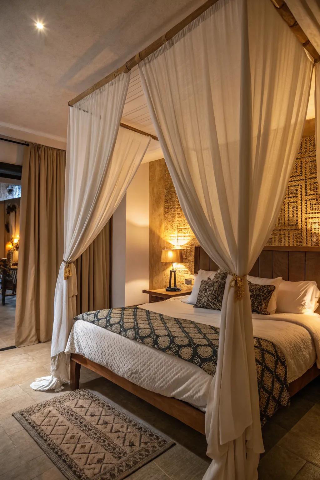 A fabric divider adding softness to the bedroom.