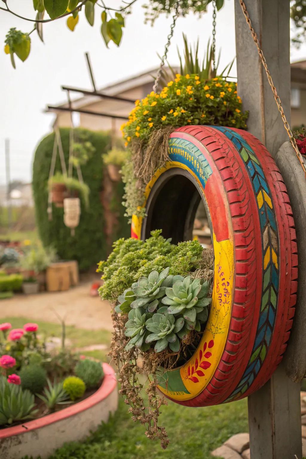 A recycled tire evolves into a striking and vibrant succulent display.