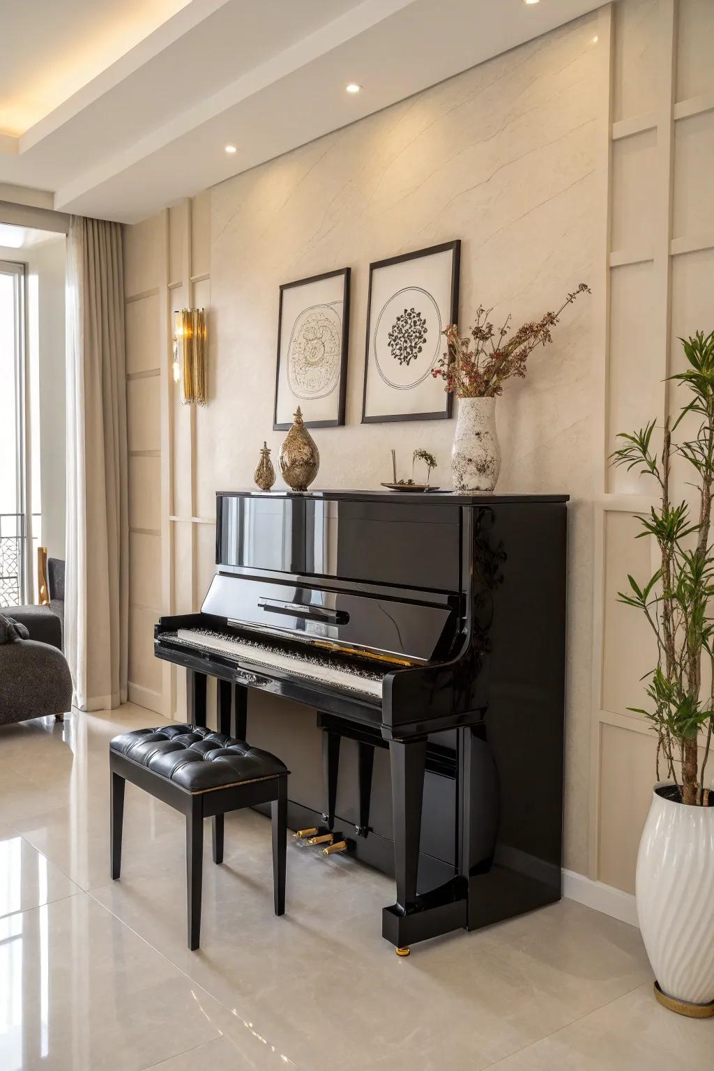 A sleek, contemporary room featuring an upright piano and minimalist decorative features.