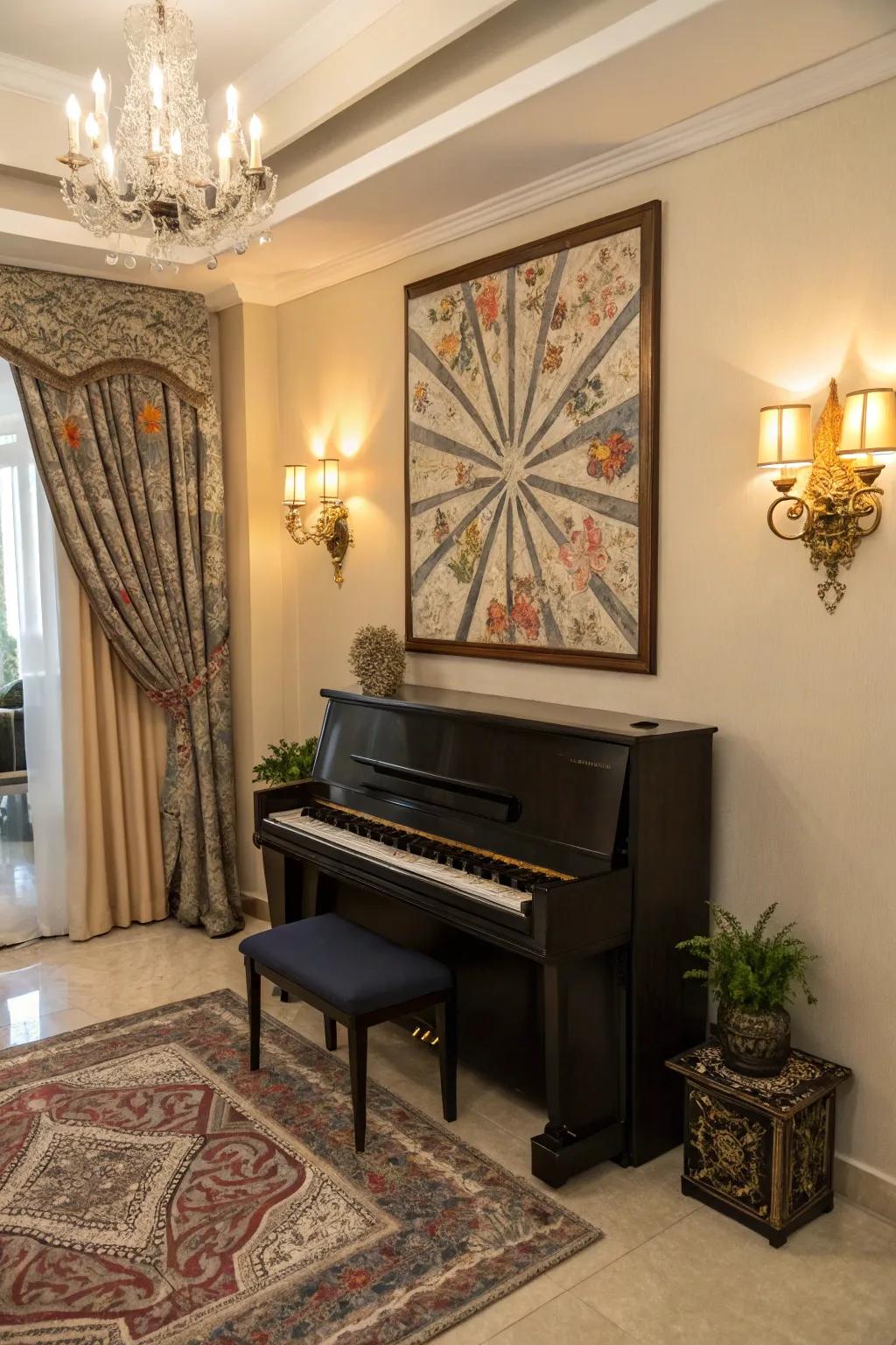Create an impact with bold wall art that emphasizes your piano.