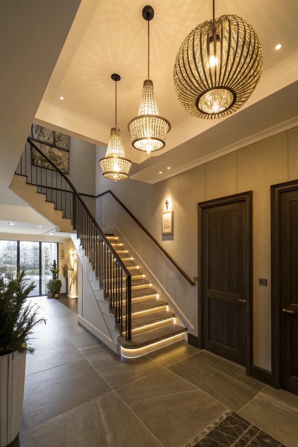 Pendant lighting enhances the ambiance of the upper hallway.