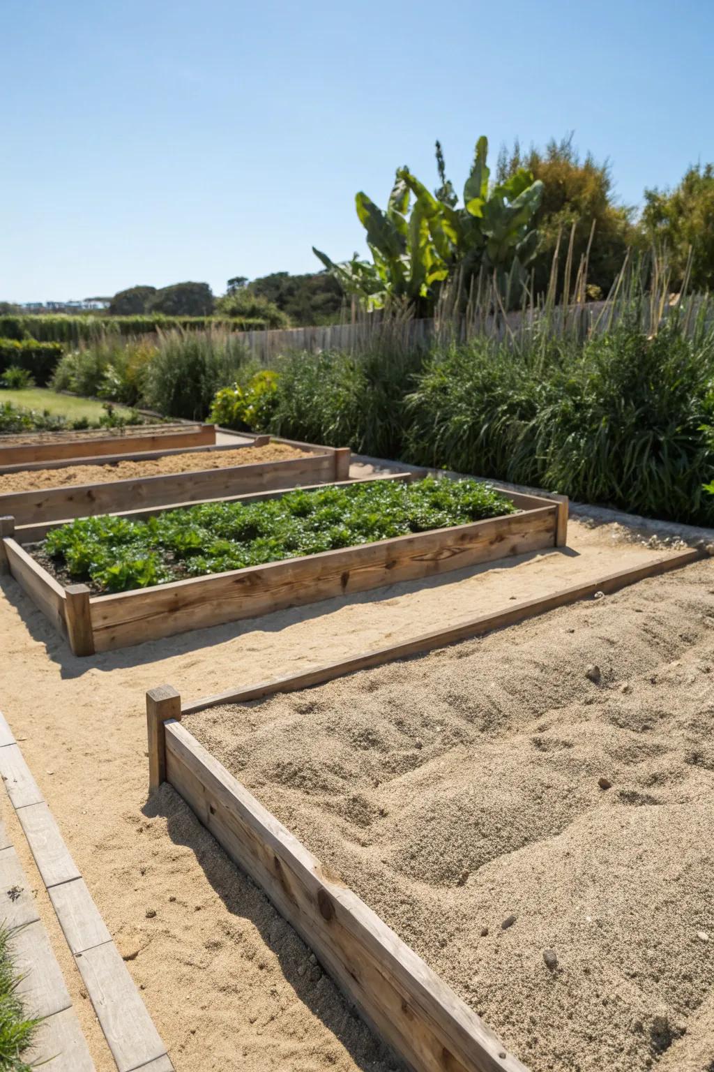 Elegant sand surface covering for protected and tidy garden beds.