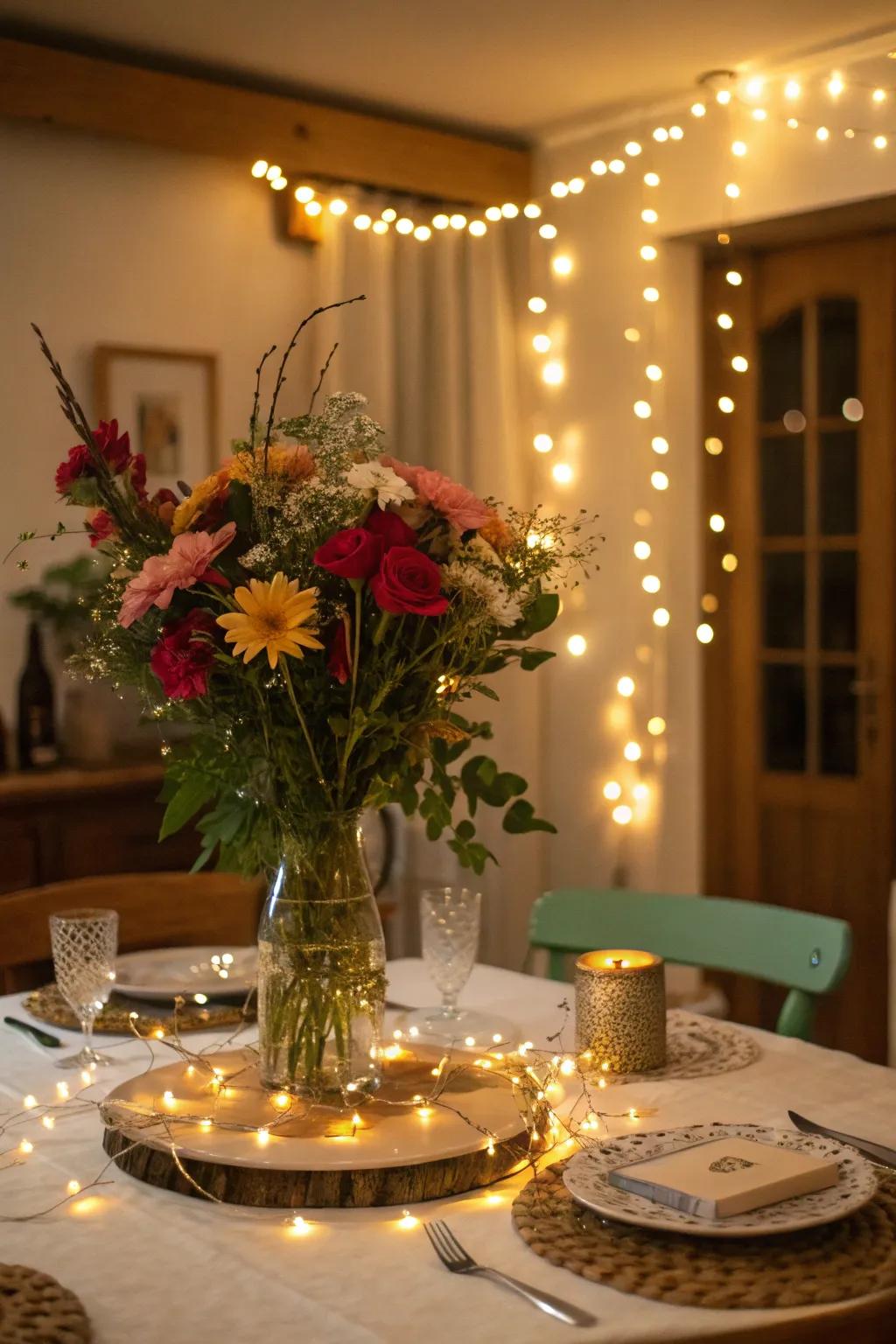 Pixie lights add a magical sparkle to the centerpiece.