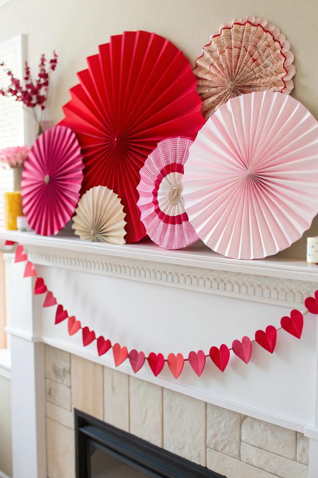 Quirky paper fans inject hue and dimension into the mantel.