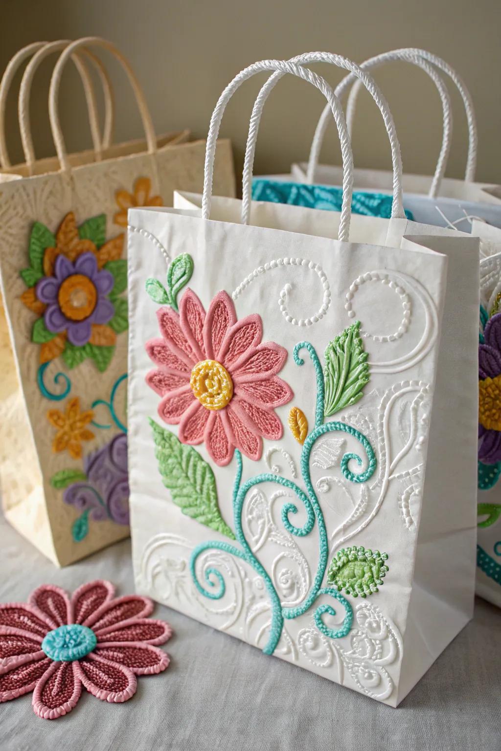 3D effect Valentine's bag created with puffy paint designs.