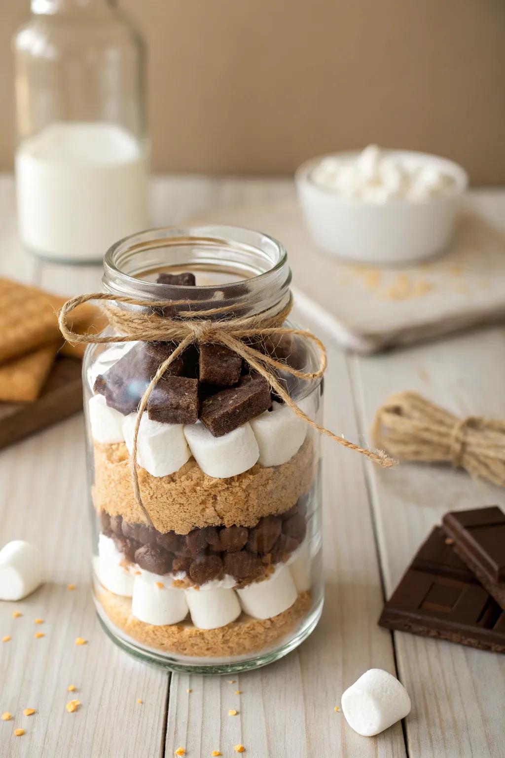 Sugary nostalgia confined within a container: luxuriate in the unpretentious delight of s'mores, fashioned exquisitely for your Valentine's euphoria.