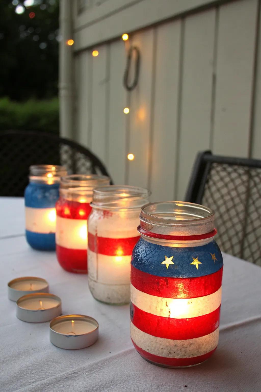 Mason jar lanterns offering a cozy and patriotic glow.
