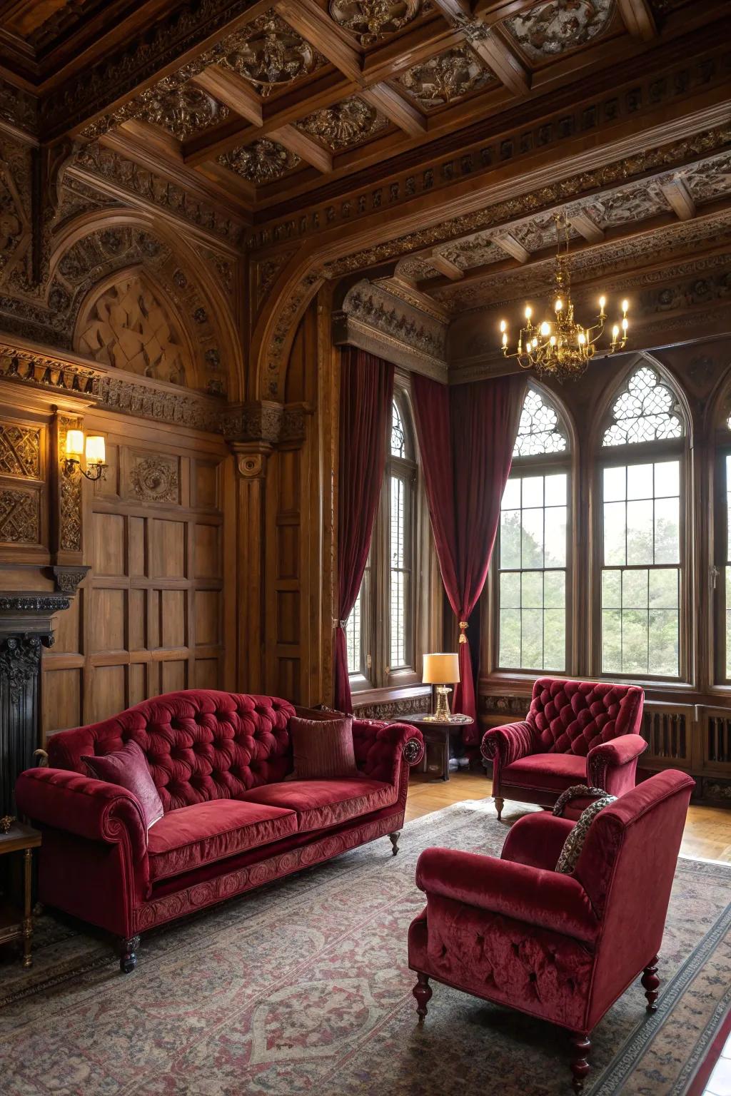 Velvet furniture introduces drama and comfort.