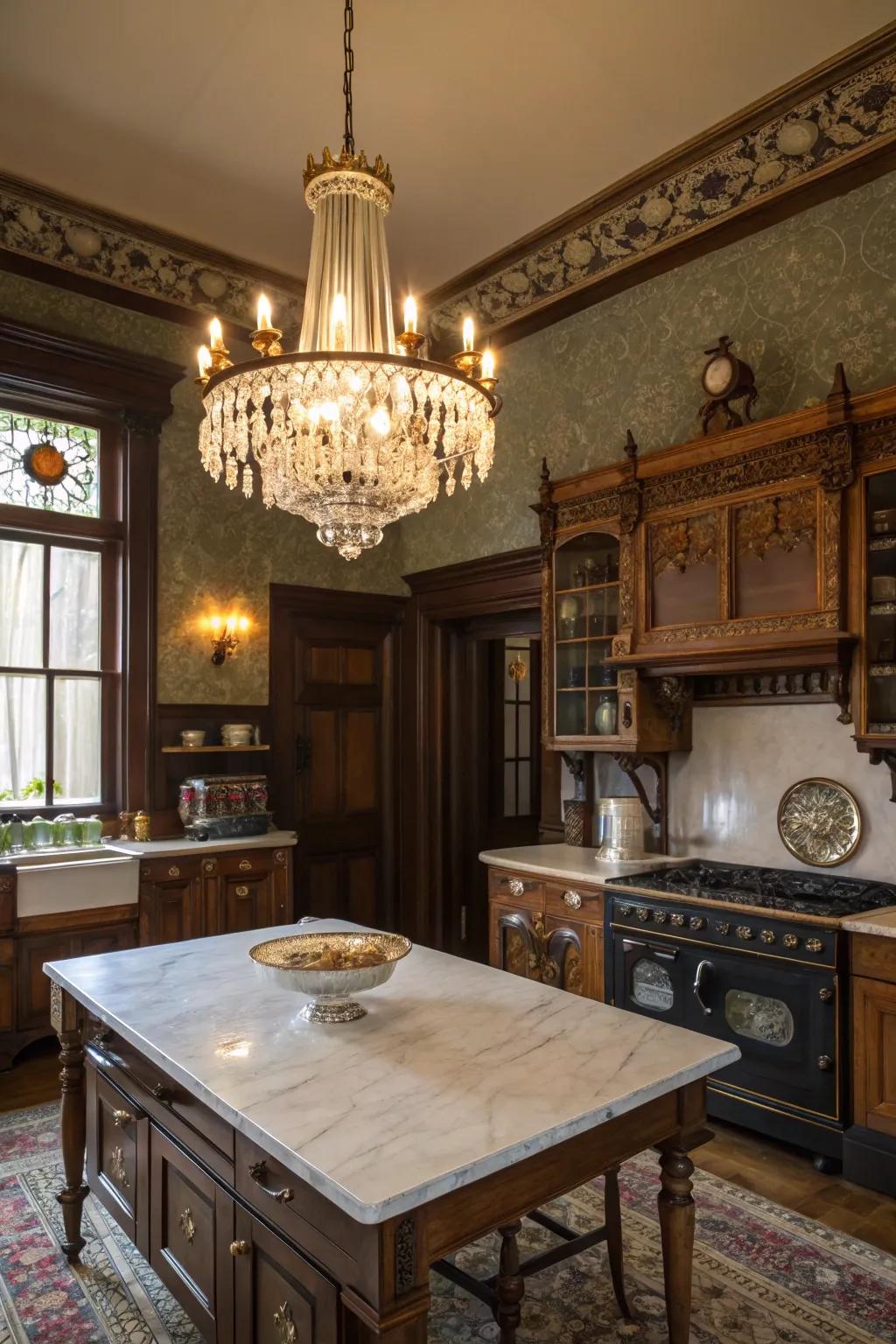 Period lighting brings historic charm to the Victorian kitchen.