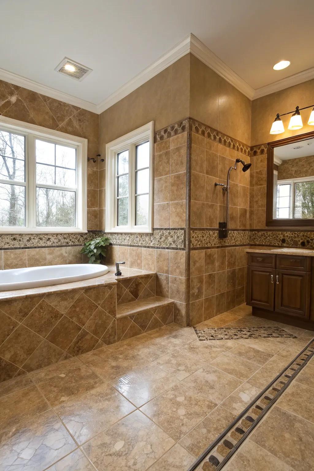 Travertine accents add a sophisticated hint to brown tiles.