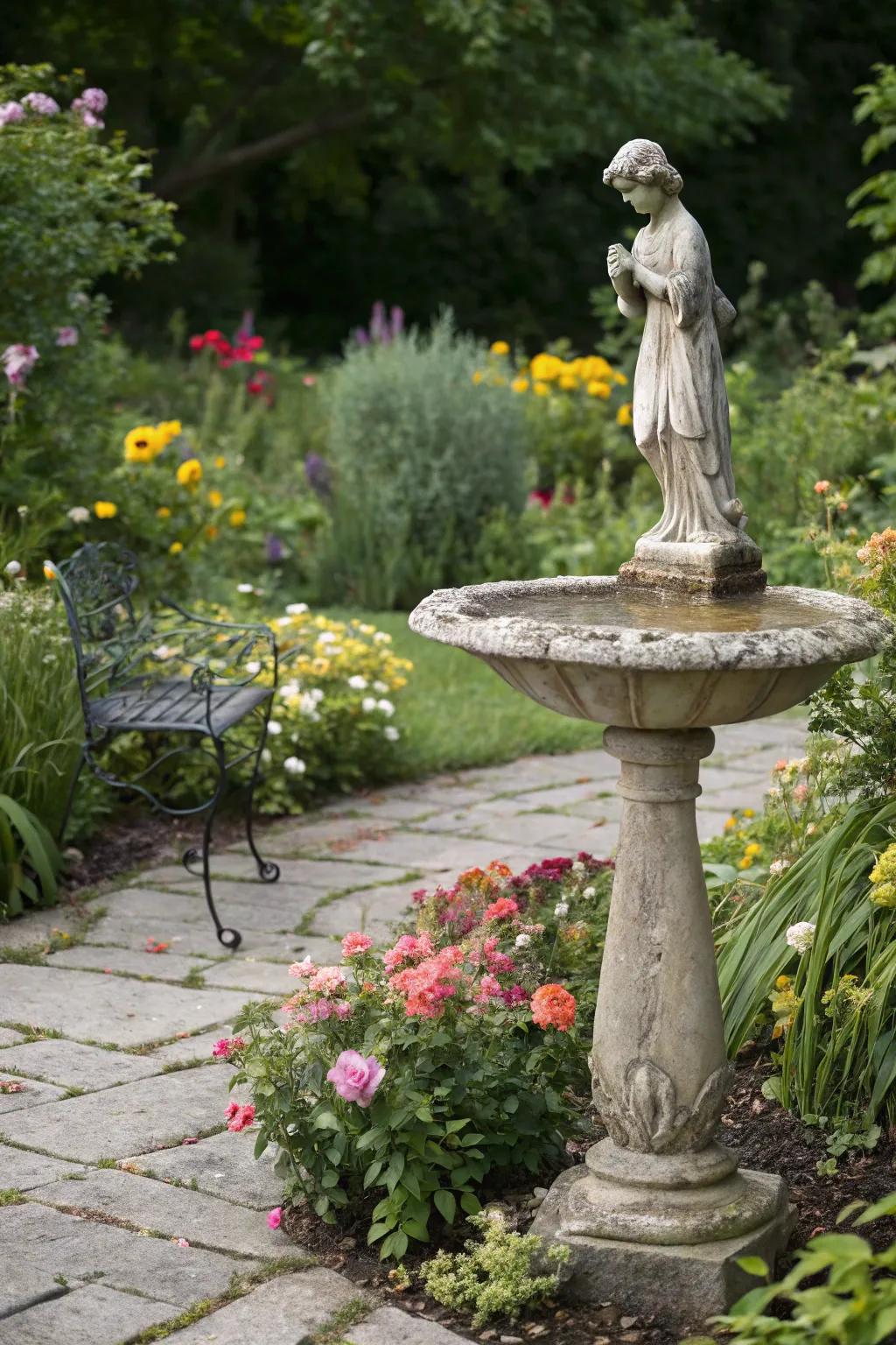 Statues and bird perches lend a sophisticated air to gardens.