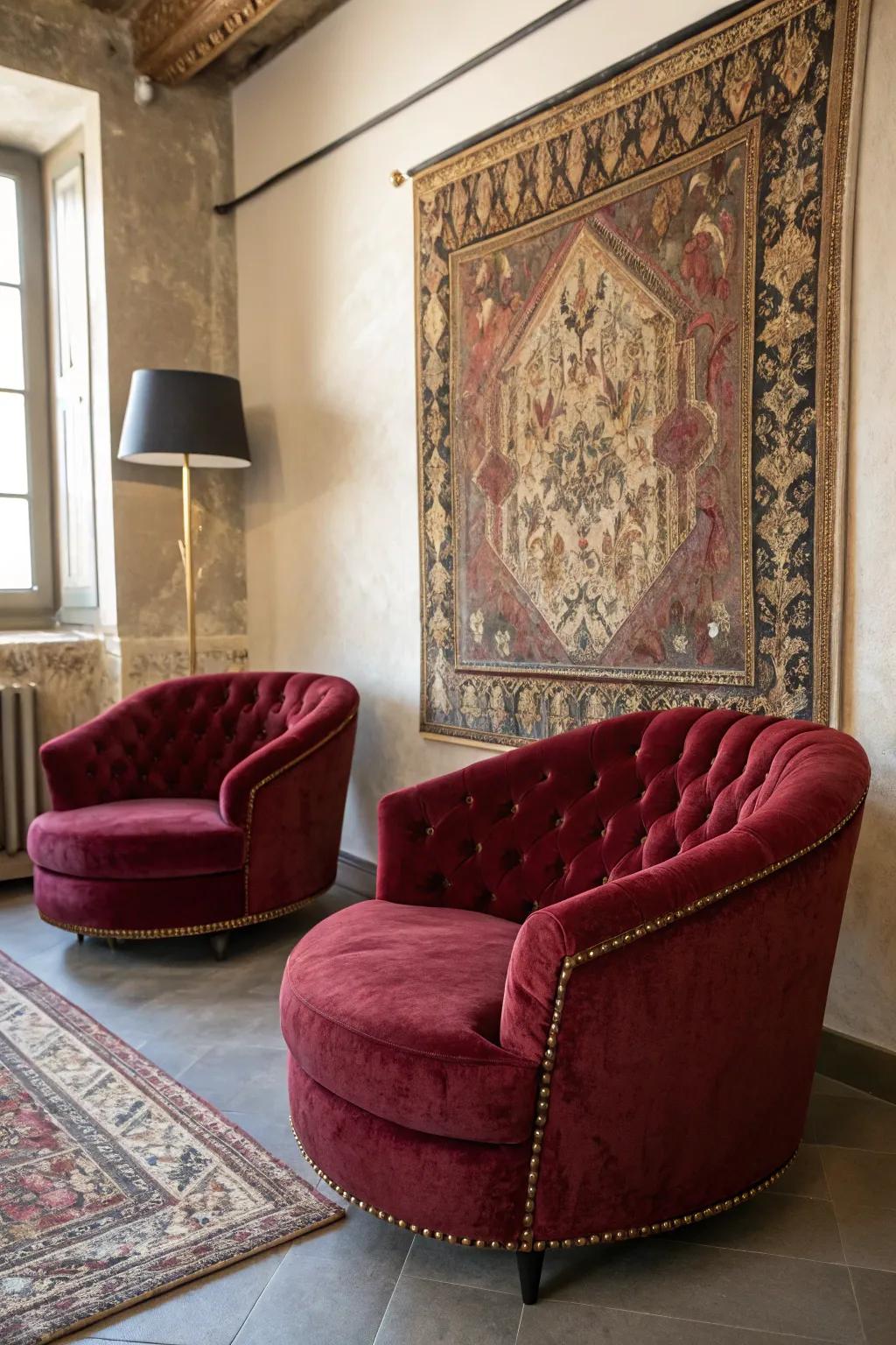 Velvet and tapestries craft a luxurious sensation.