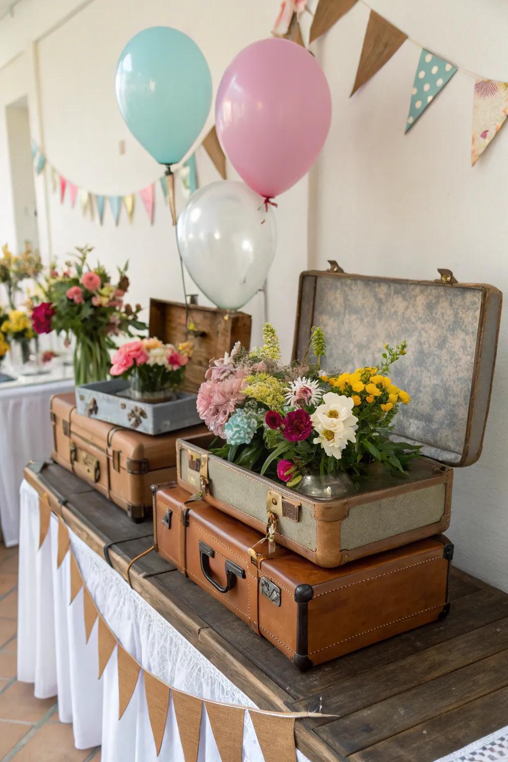 Alluring vintage suitcases incorporating charm into the party's decor.