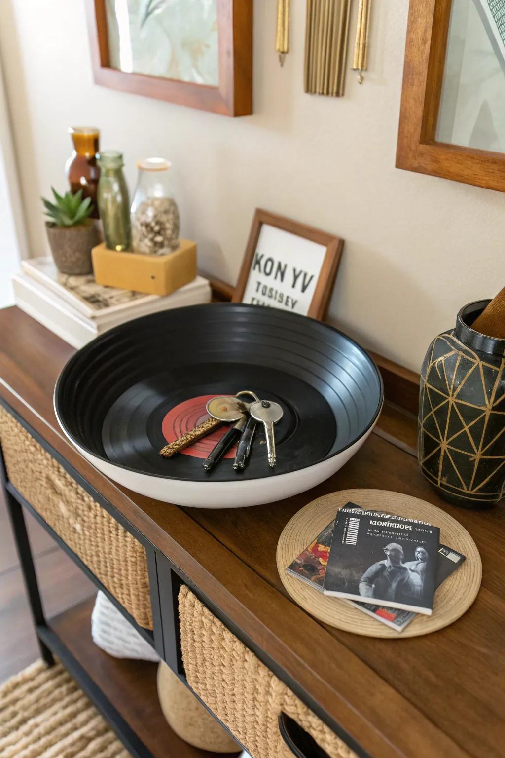 Shape vinyl records into unique bowls for creative storage.