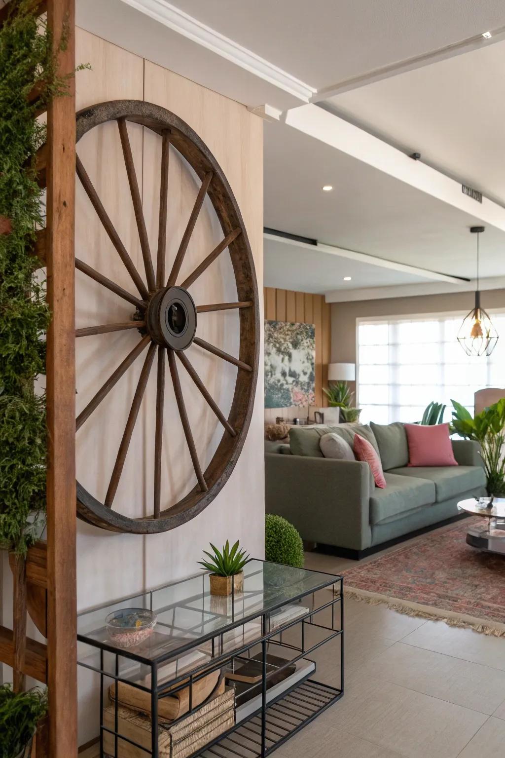 A cartwheel creatively functioning as a chamber partition, introducing interest to the space.