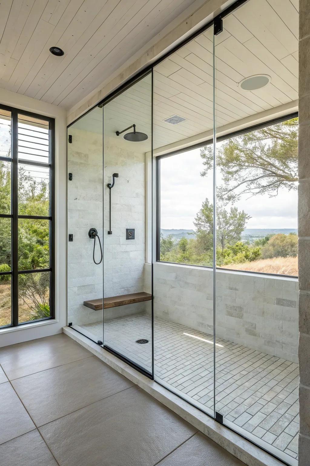 Clean glass windows in a walk-in shower, enhancing the minimalist style.
