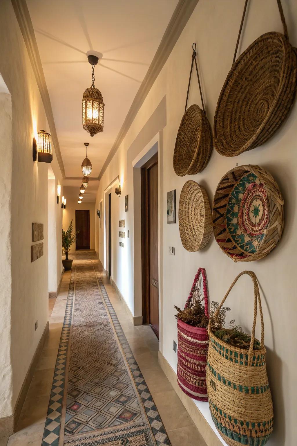 Add charm to hallways with ornate basket displays.