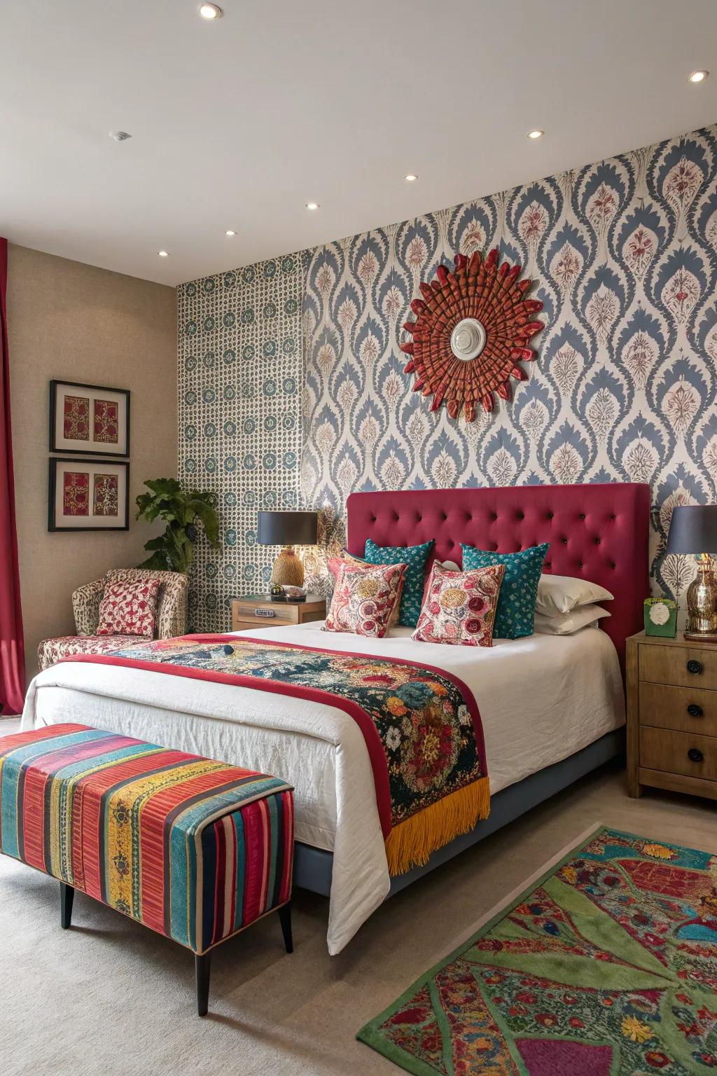 Patterned wall covering makes for a bold statement.