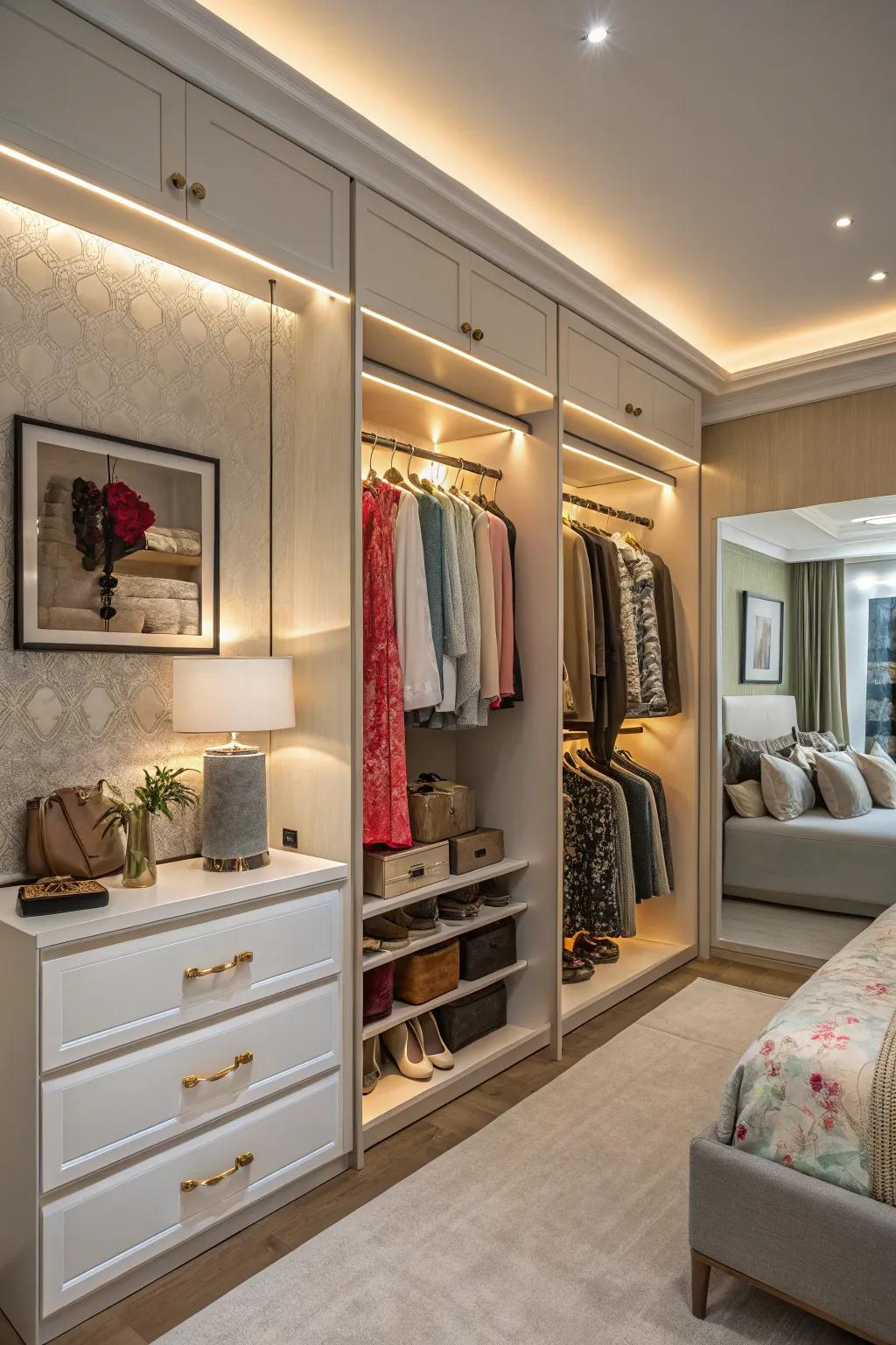 Spotlighting adds drama to wall closets.