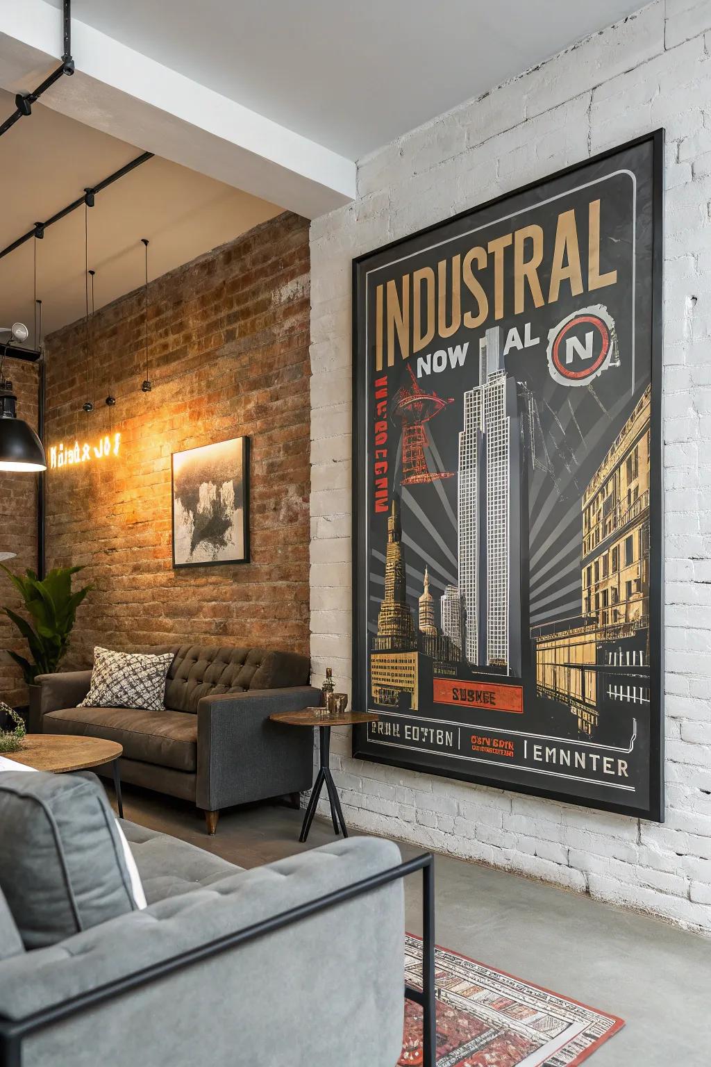 Industrial posters create a modern edge.