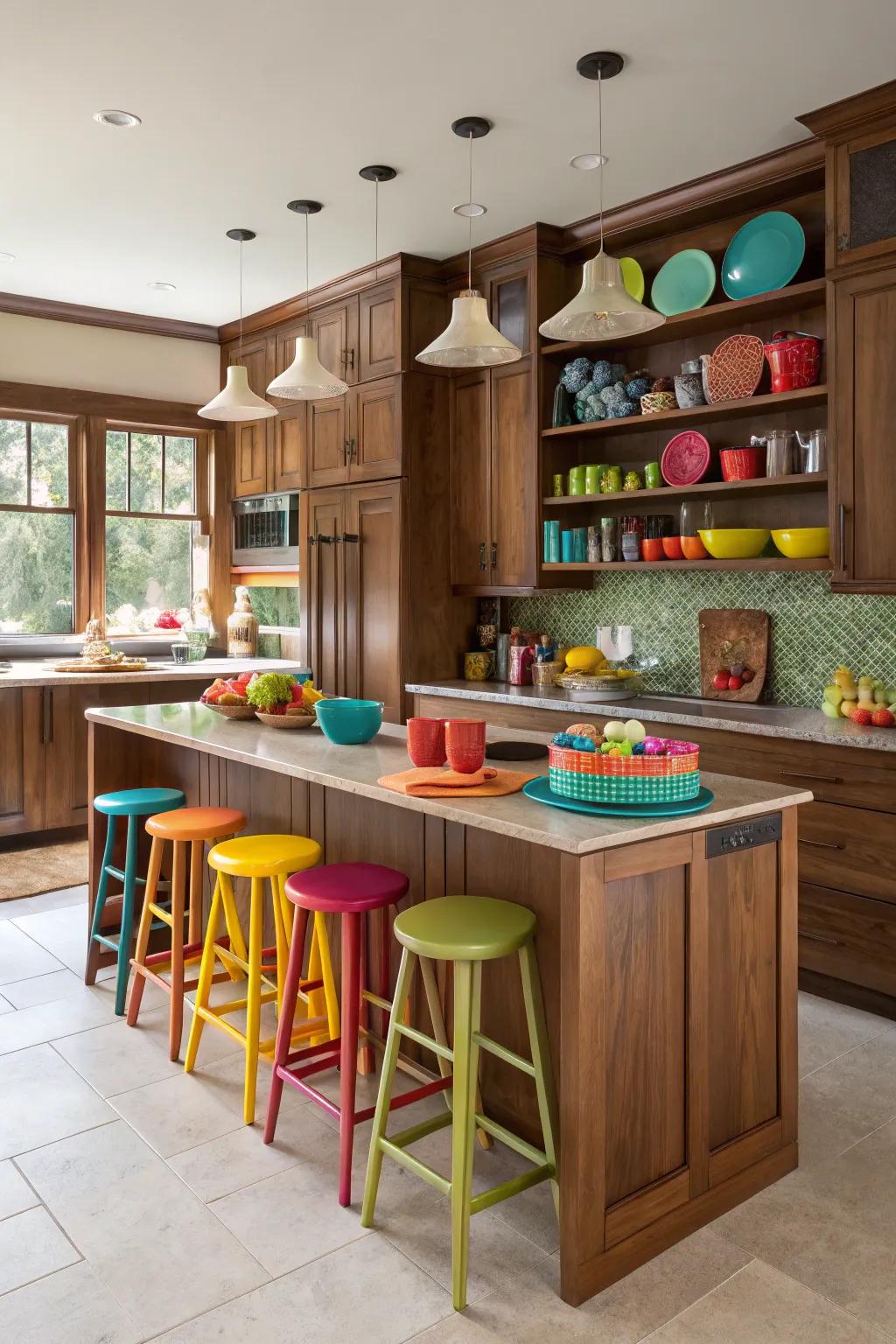 Colorful accents bring vibrancy to a walnut kitchen.