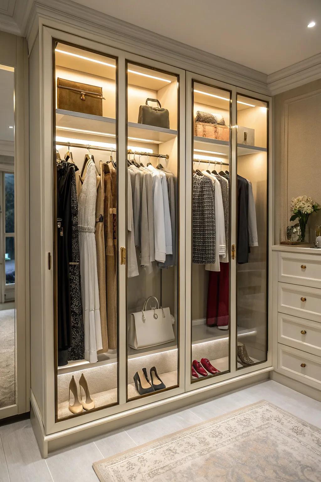 Glass fronts deliver a chic means to showcase your wardrobe.