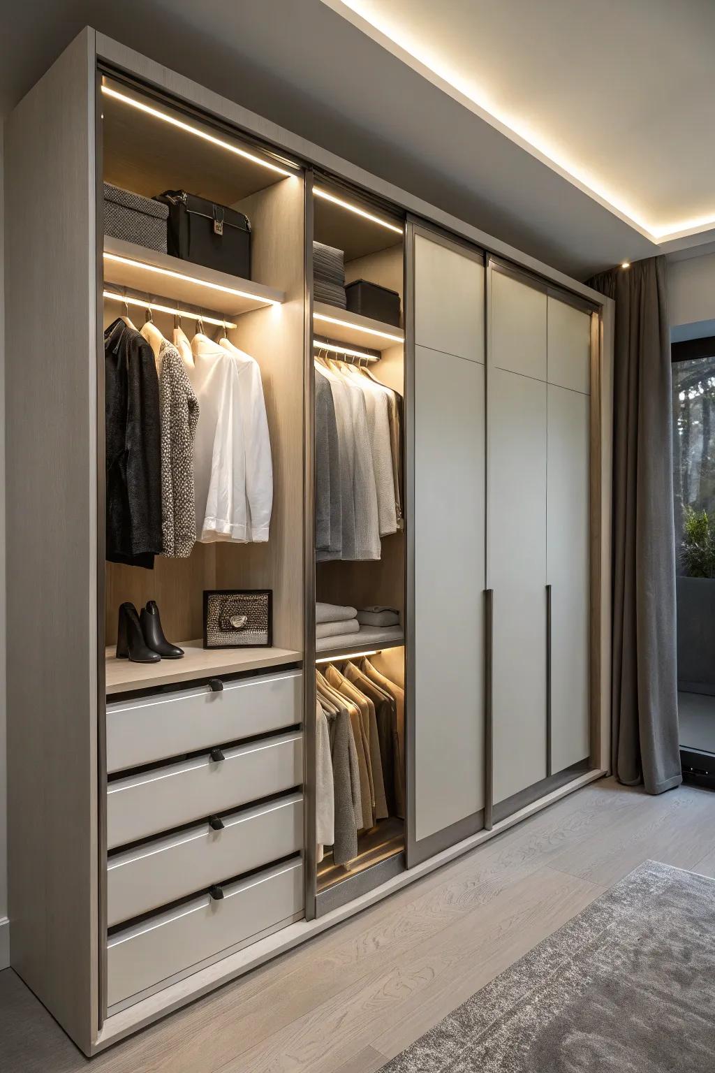 Concealed sections offer discreet and efficient storage.