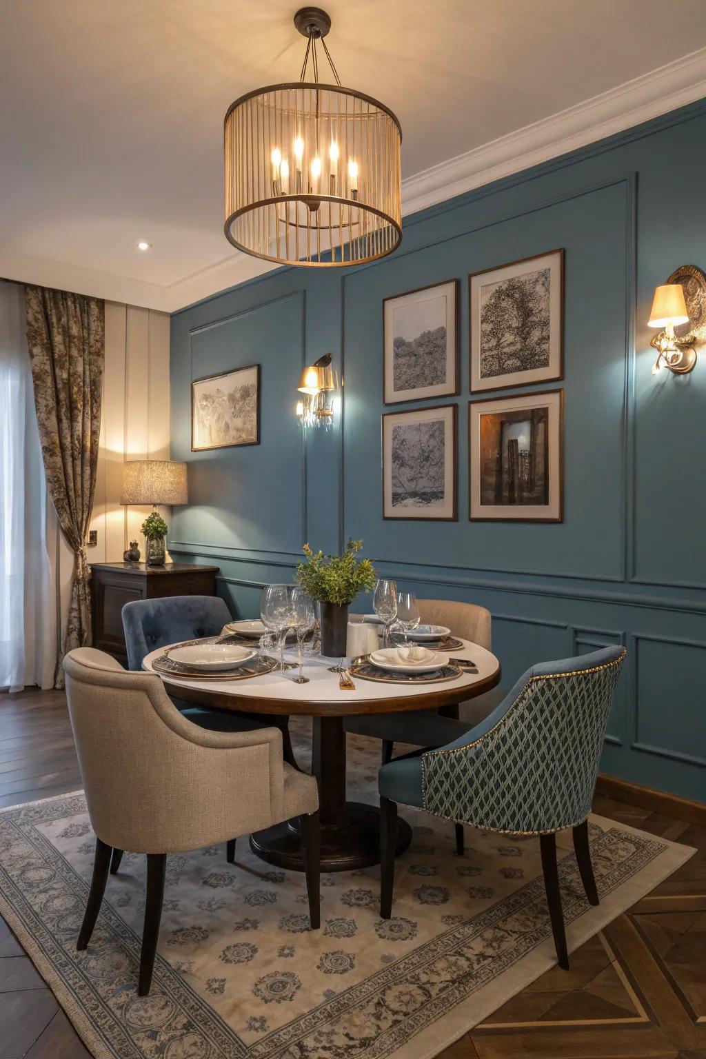 Create a dramatic dining ambiance with cerulean walls.