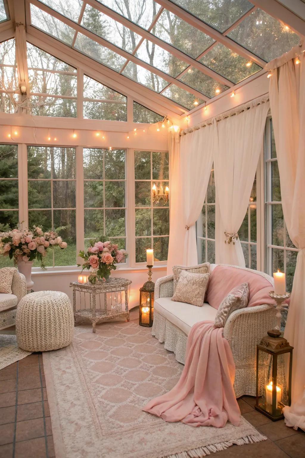 Sunroom with warm rose walls, presenting a soft and glowing atmosphere.
