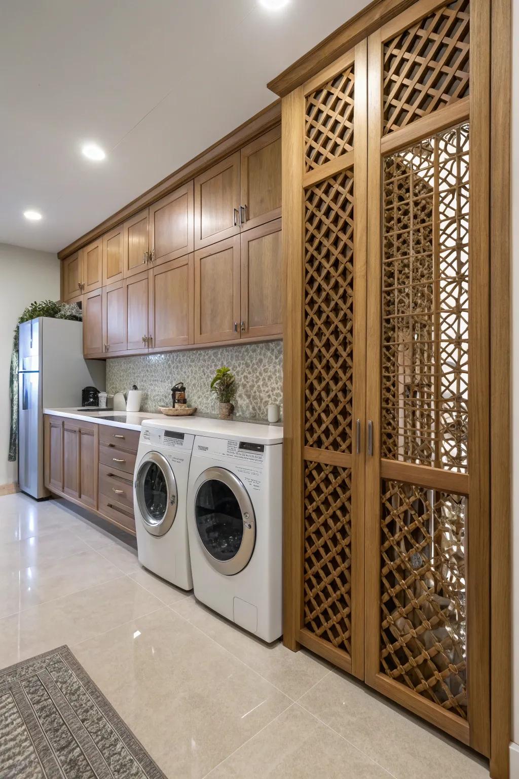 Net doors smartly hide the clothes cleaning system in the kitchen.