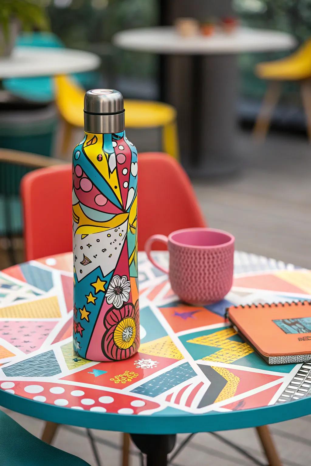 Retro pop art hydration container aesthetics for a playful touch.