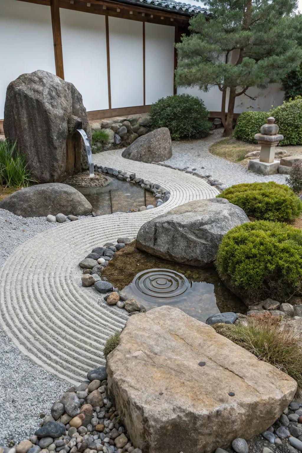Zen stone gardens paired with water features create a serene, meditative feel.