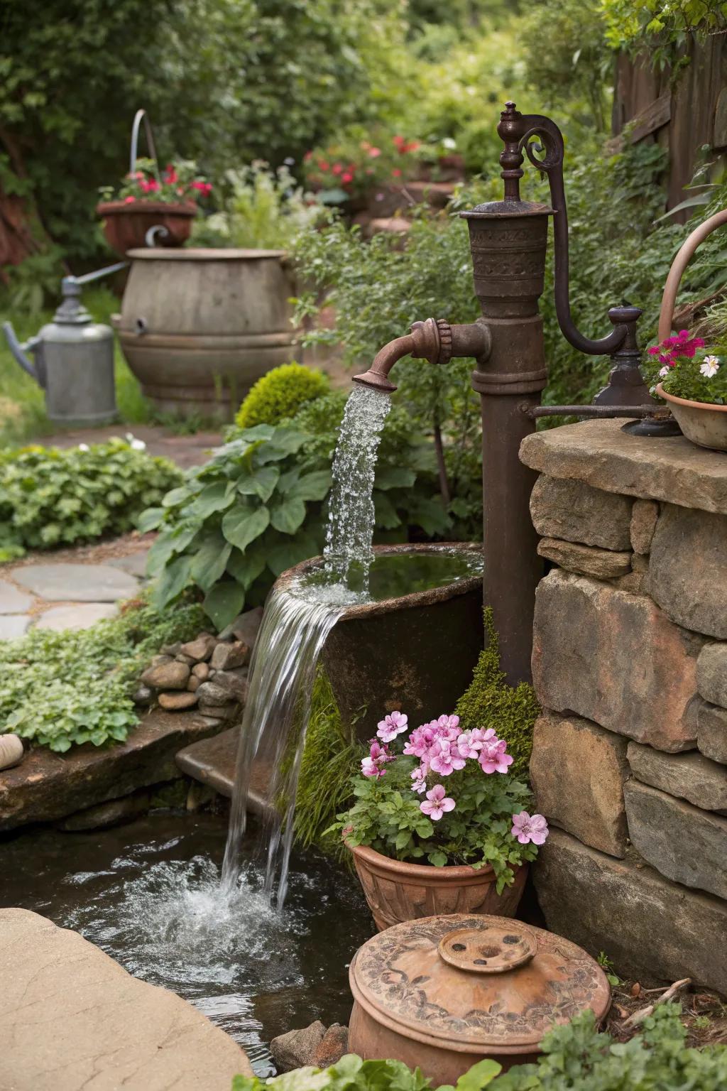 An aged spout cascade imparts historical charm to your garden.