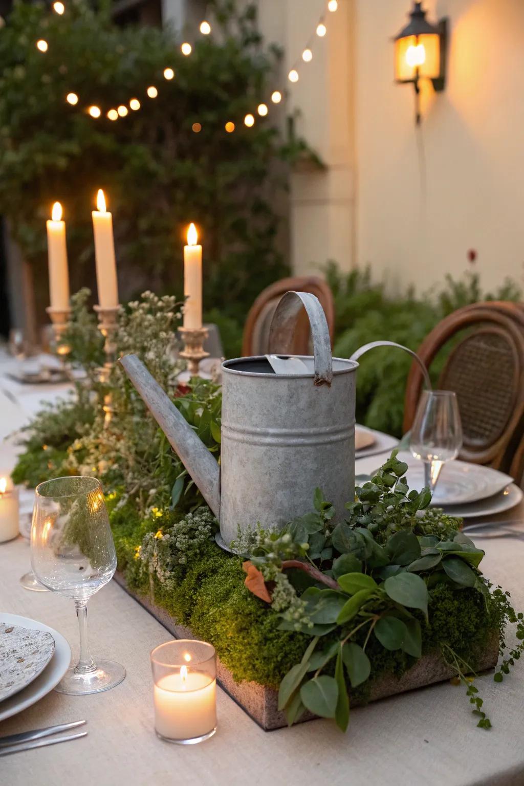 An atmospheric centerpiece employing a watering can and wax lights.