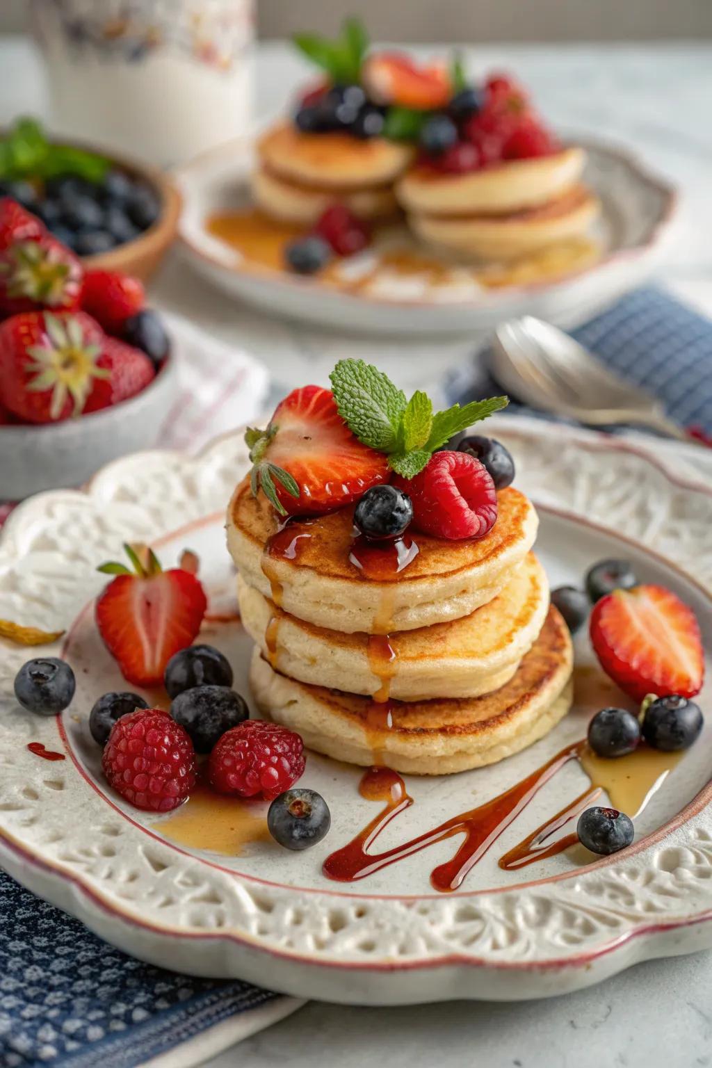 An appealing platter showcasing miniature pancakes enhanced with fresh berries and syrup.