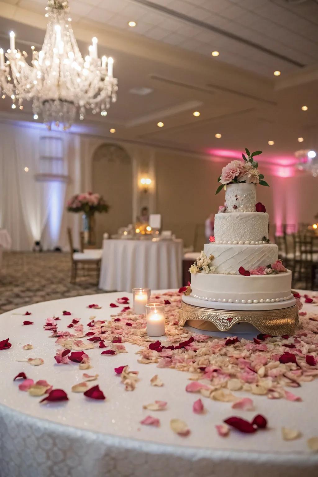 Blossom leaves crafting a romantic aura around the wedding cake display.