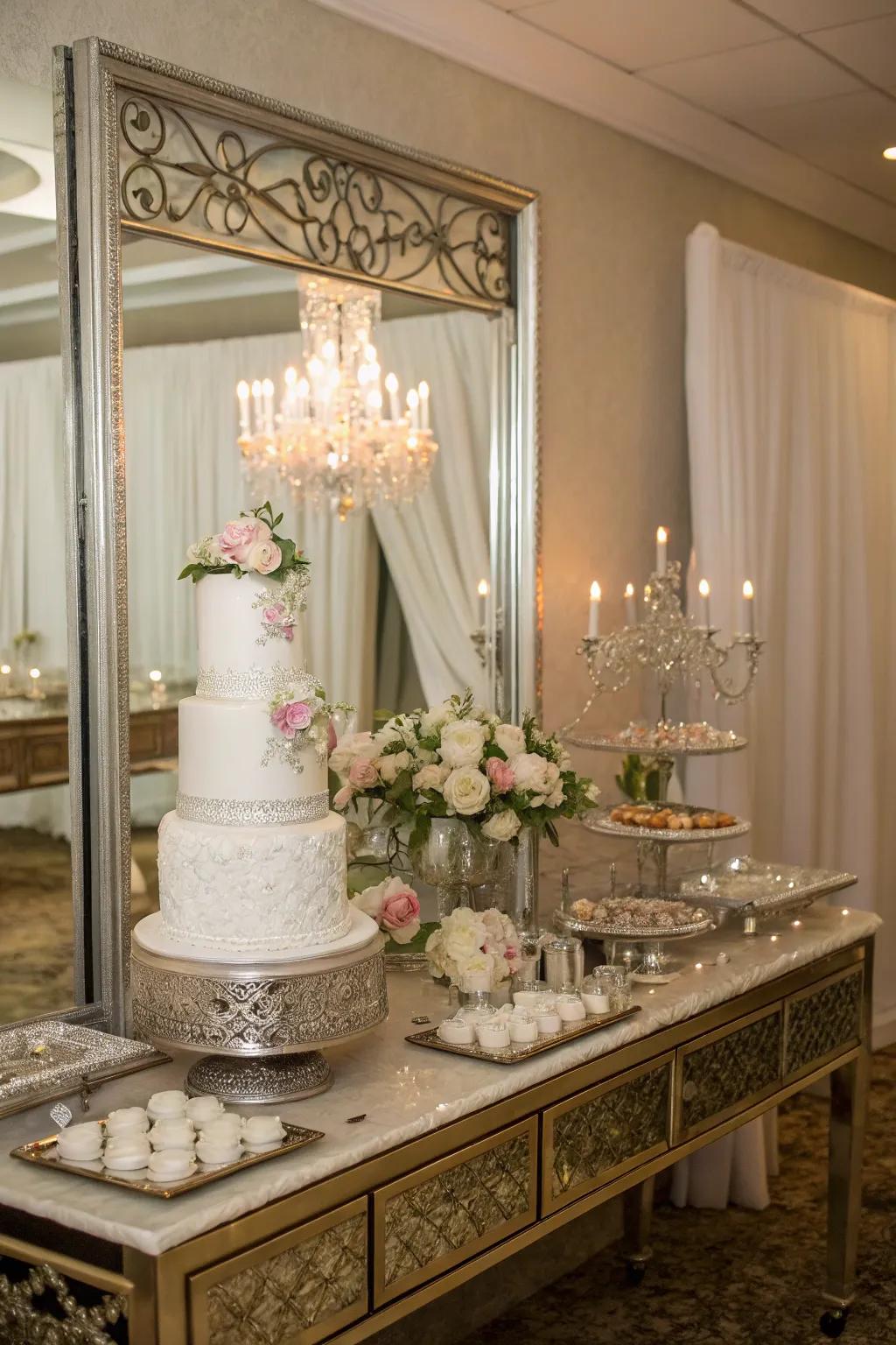 A wedding cake table elevated with reflective looking-glass accents.