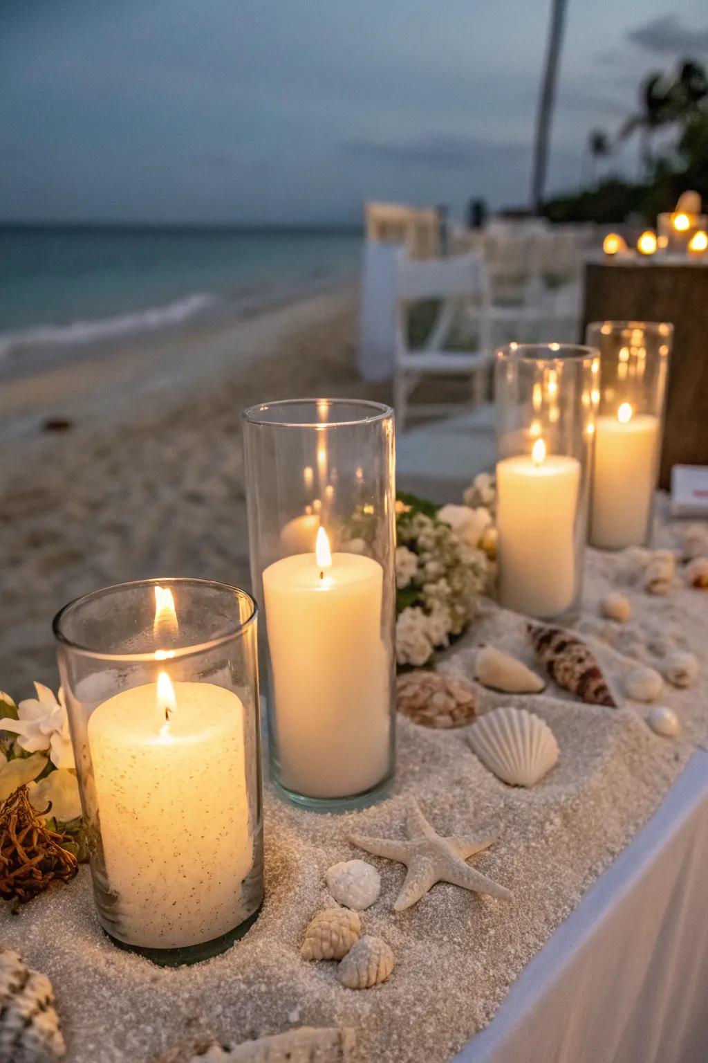 A fresh beachy vibe is created with sea glass candles.