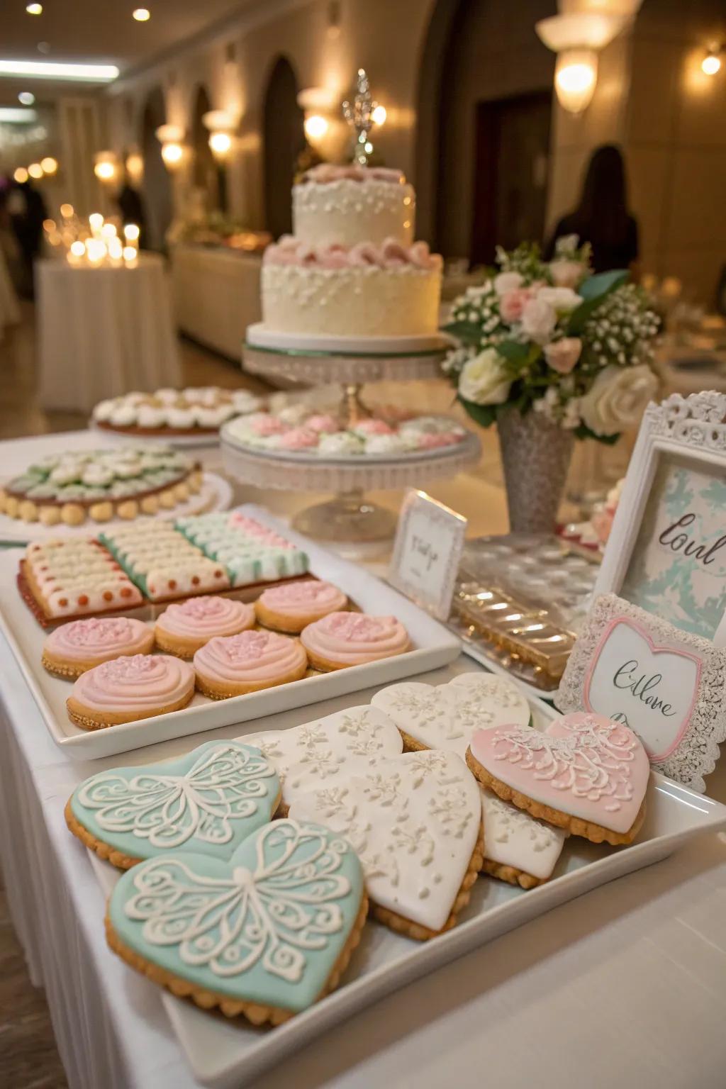 A theme-centric cookie arrangement aligns with the wedding's overall aesthetic.