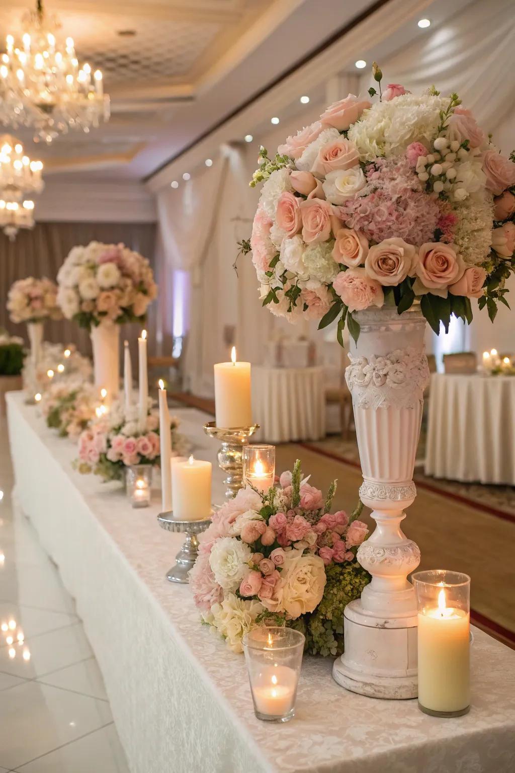 Floral arrangements combined with candles, setting a romantic and enchanting ambiance for the wedding.