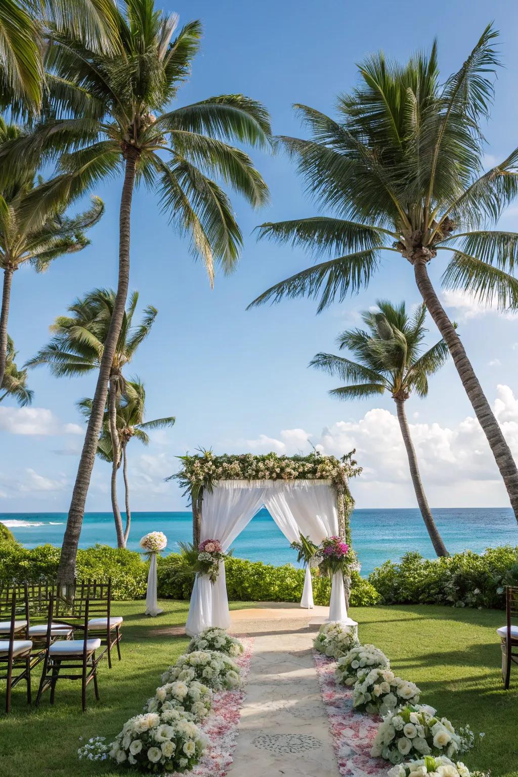 A tropical paradise venue featuring palm trees and a stunning ocean view.